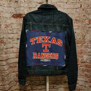 Upcycled Texas Rangers MLB Tee Denim Jean Jacket, men's medium/women's large